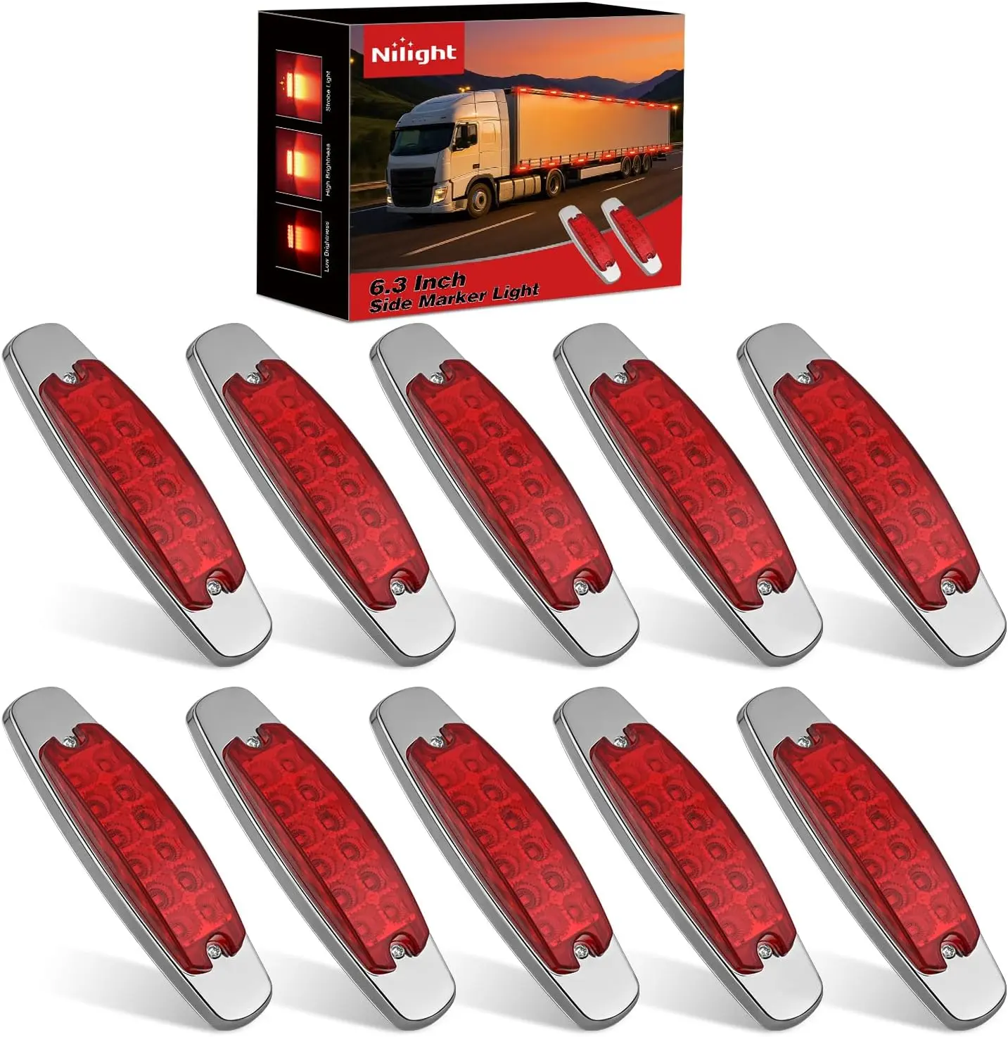 Nilight 10-Pack 6.3in Rectangle Red LED Side Marker Kit, 12V 12-LEDs 3-Function (High/Low/Strobe), IP67 Waterproof, Stainless Steel Chrome Bezel, Screw-Mounted Surface, Polycarbonate Lens, UV Resistant Car Lighting Exterior Bulbs for Truck, Camper, Boats