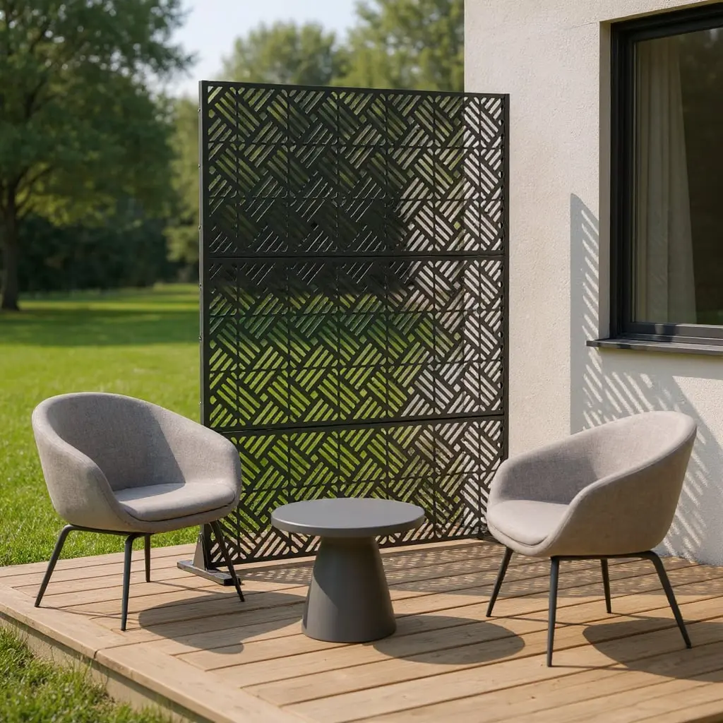 360 stand 3-Panel Free Standing Translucent Room Divider, Crosshatch Design, Black Steel Frame, 72 in x 47 in x 4.92 in, Three Panels