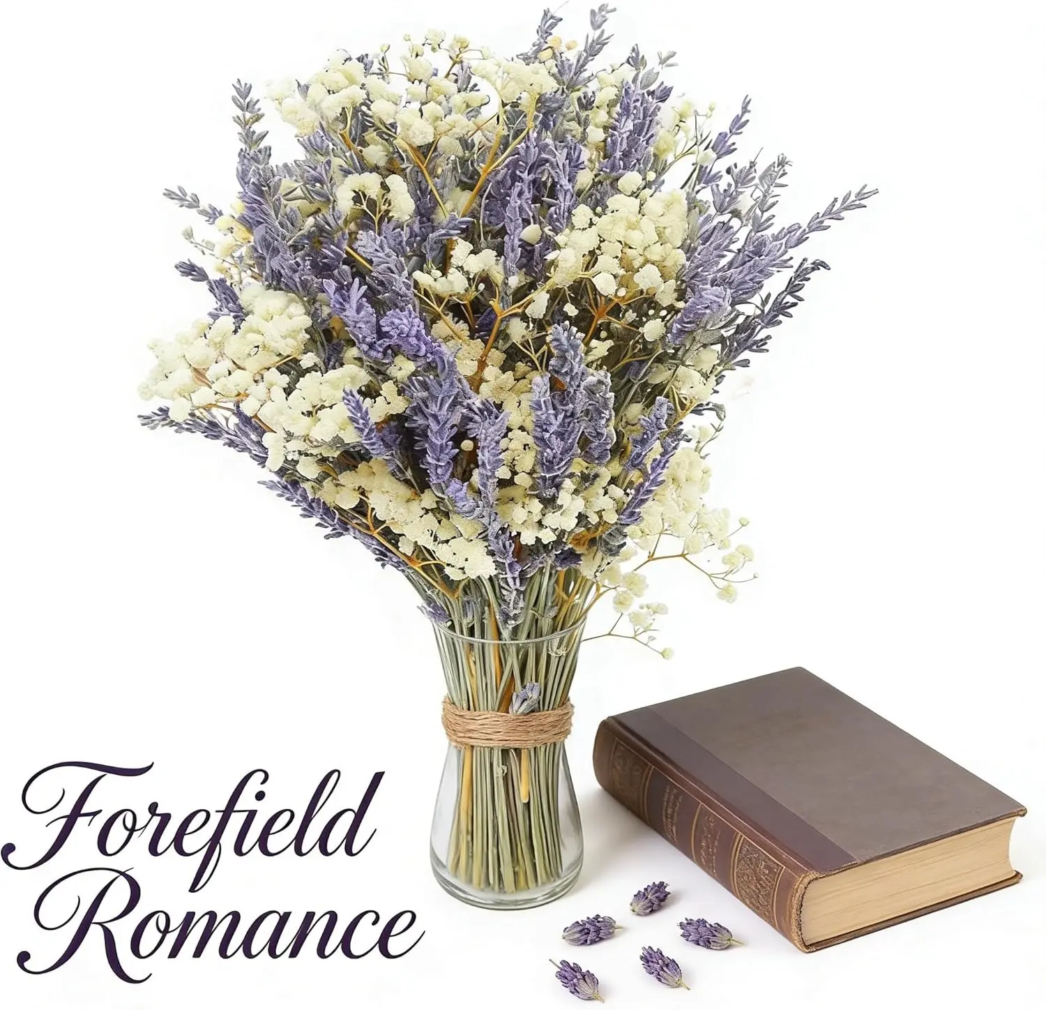 16" Eco-Friendly Natural Dried Lavender & Baby's Breath 2-Bundle Bouquet - Farmhouse Bathroom Decoration, Floral Decor, Daily Vase Fillers, DIY Supplies, Gift-Ready Box