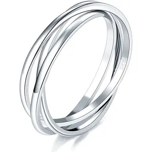 Silver Ring, 14K Gold Plated Fidget Anxiety Ring, Triple Row Rolling Interlocking Stacking High Polish Band for Women, Men| Each Band Width 1.8mm 3mm Size 4-12