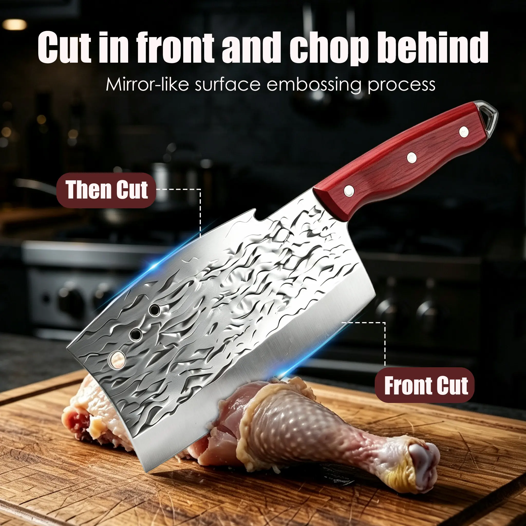Heavy Duty Meat Cleaver 2-in-1 Slice & Chop Stainless Steel Meat Chopper Knife Ergonomic Wood Handle Home BBQ Wooden
