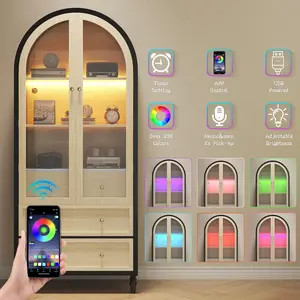 Tall Arched Cabinet, Black-Oak Arched Pantry, LED Lighted Display Cabinet, Boho Arch Bookshelf for Kitchen Dining Room Living Room