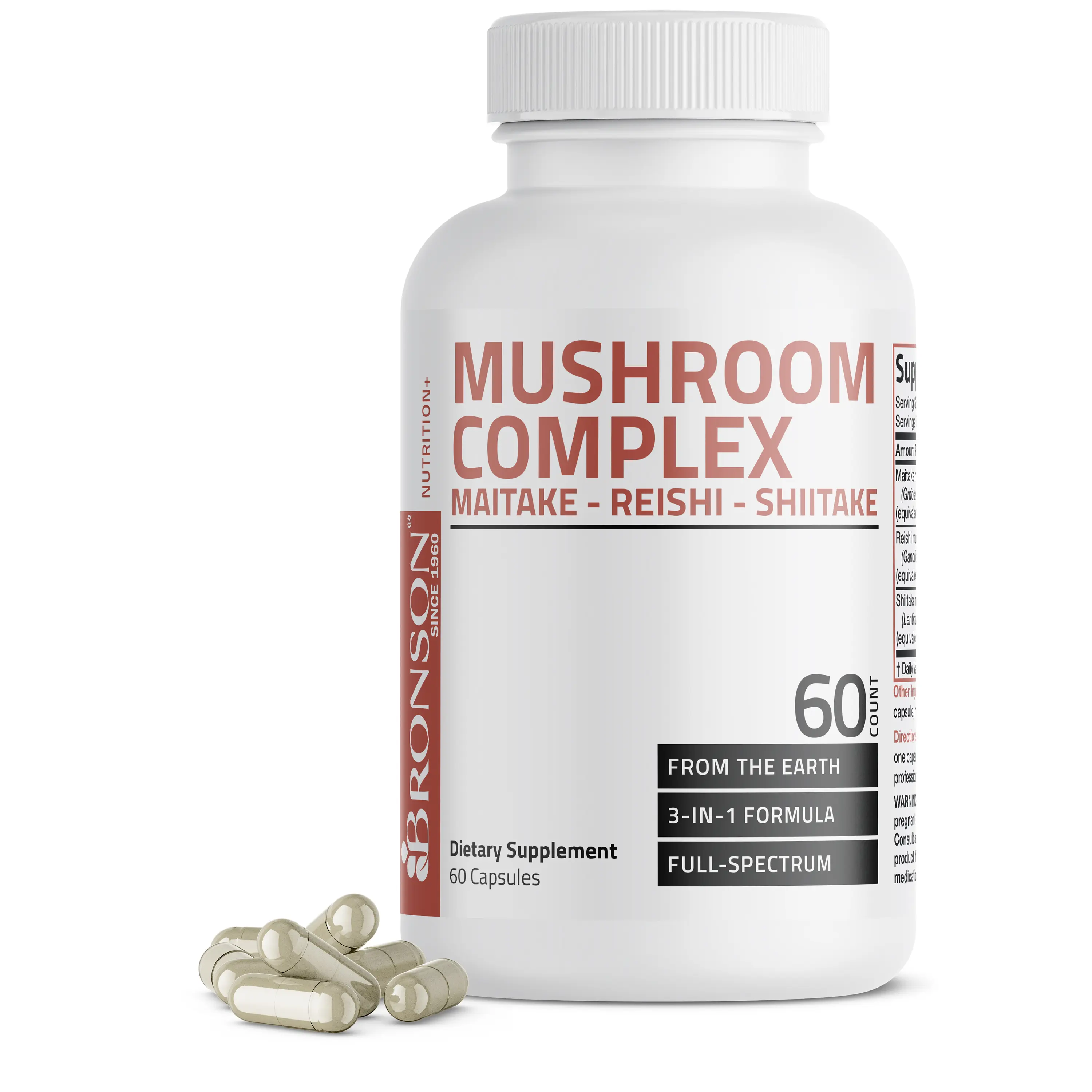 Bronson Labs Mushroom Complex Vitamin Healthcare Capsules - 600 MG, Gluten Free, 60 Count, Shiitake Mushroom, Beta Glucan, Antioxidant, Immune Support, Full Spectrum Nutrition for Adults, Sugar Metabolism Aid