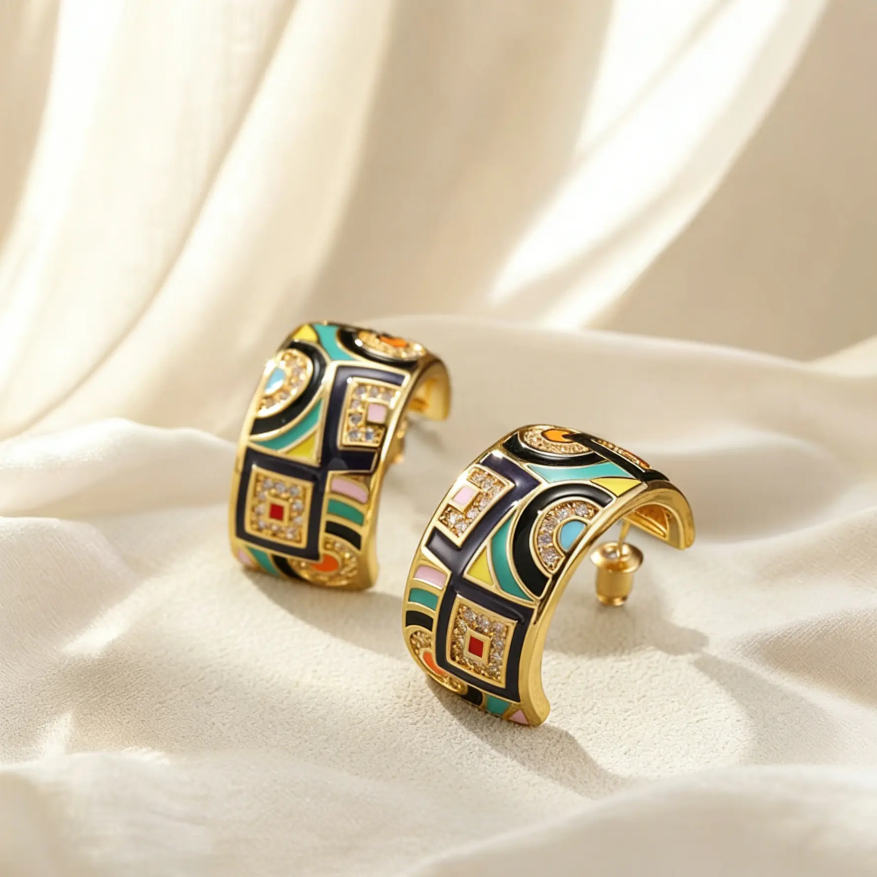 Women's Unisex Copper Metal Stud Earrings - Set of 2, Elegant Gold-Tone Enamel, Geometric Patterns, Rhinestones, Fashion Accessories
