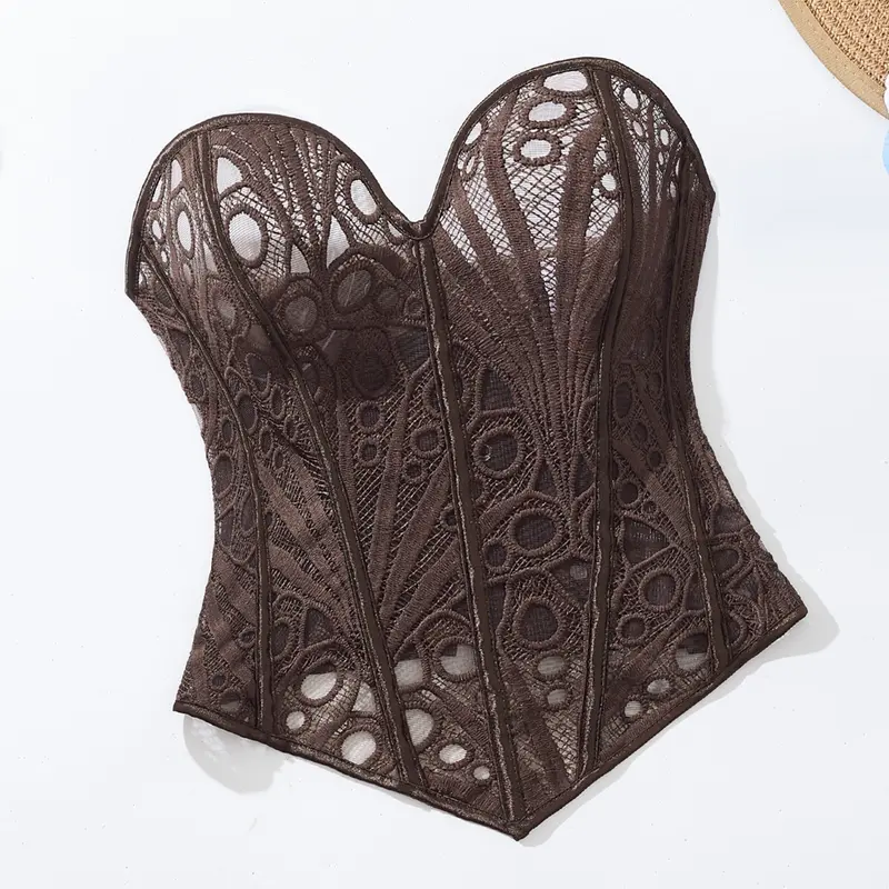 Women's Floral Lace Corset Top, Deep Embroidered Bustier Bodysuit, Fishbone Waist Cincher, Versatile Sexy Short Tank for Parties & Nightouts Style