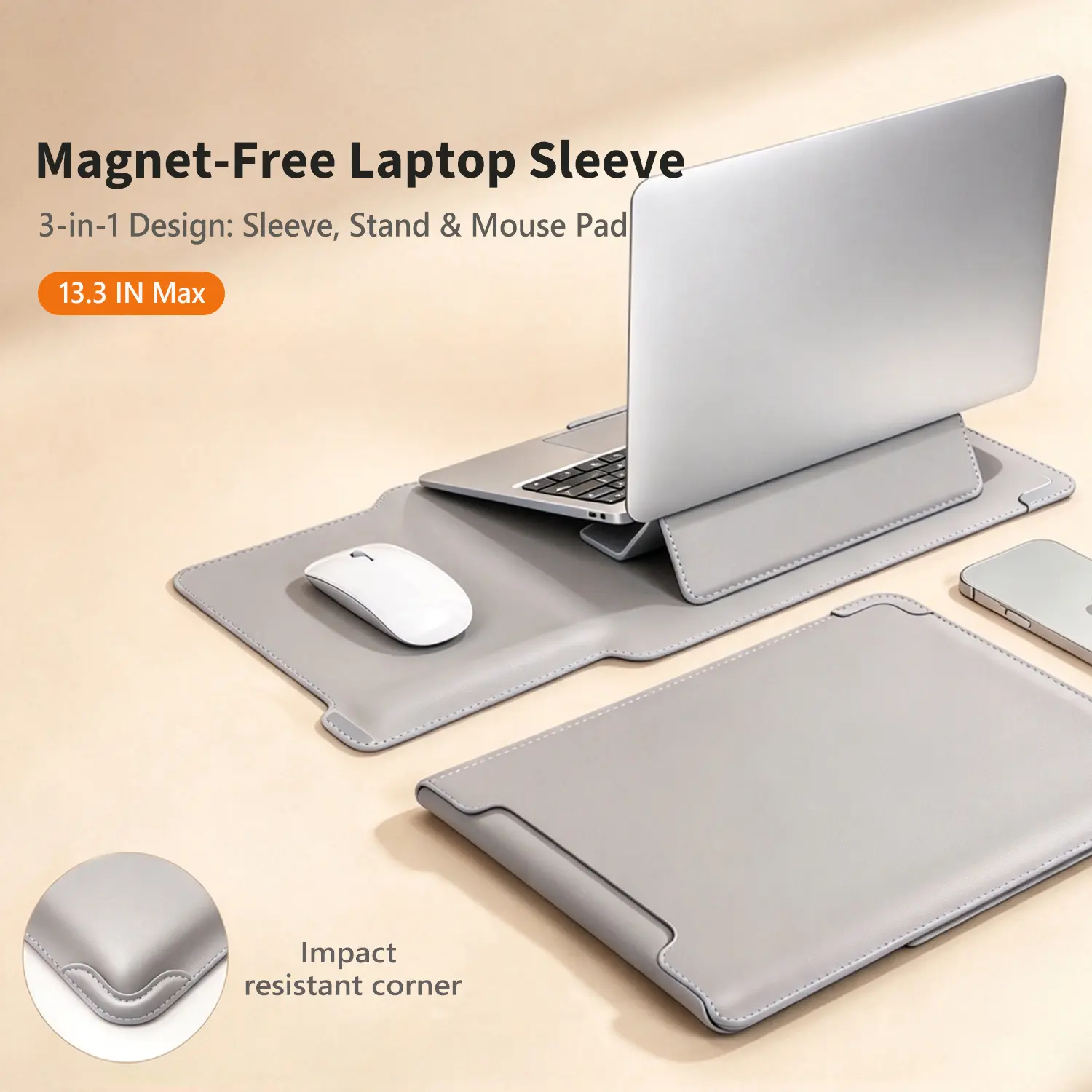 3 in 1 Laptop Sleeve Bag with Built-in Foldable Stand, Non-Magnetic Protective Laptop Case, Computer Bag as Sleeve / Stand / Mouse Pad, Ergonomic Ventilated Design for 13.3 inch Max Notebook