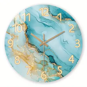 1pc Wooden Wall Clock, Fantasy Theme - Turquoise and Golden Fluid Pattern Tempered Film Veneer Silent Clock, Suitable for Living Room, Modern Office Decoration, a Great Gift for Those Who Love Abstract and Trendy Designs on Different Events, Batter