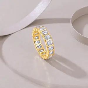 18K Gold Plated S925 Silver Moissanite Eternity Band 3x4mm Emerald Cut Geometric Stackable Ring Fashion Jewelry Accessories For Women Gifts For Her