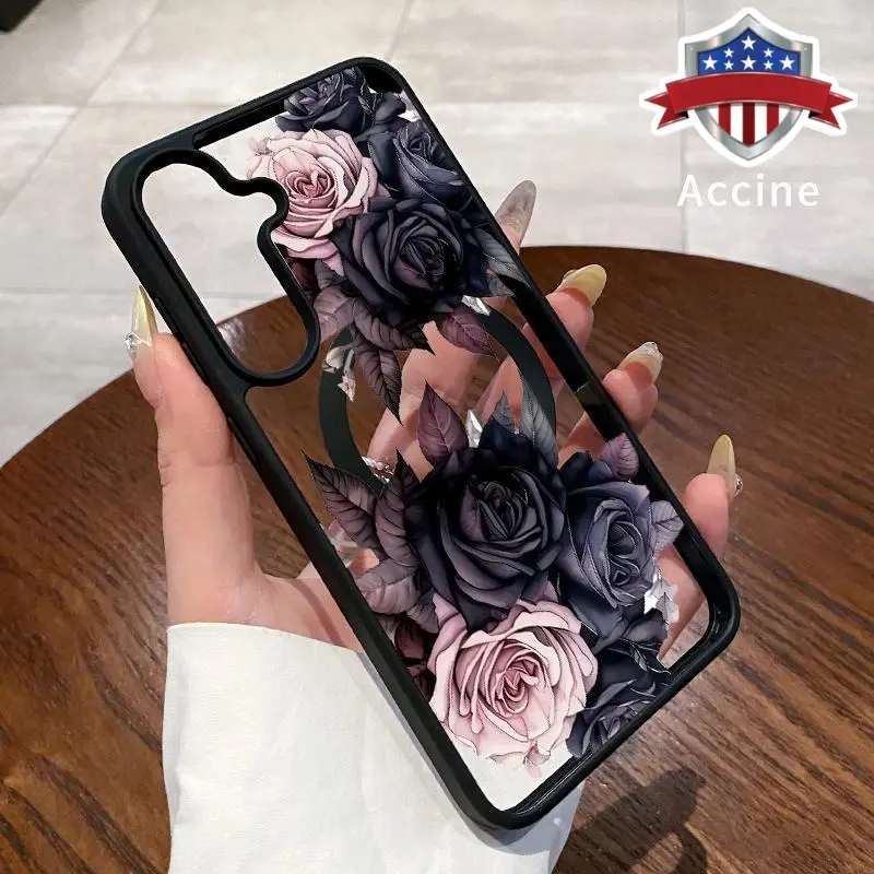 Magnetic Snapon Transparent Hardback Casing for Galaxy S22+ S23 Ultra S24 Plus FE S25 S26 Edge, Mystic Rose Garden Pattern, Acrylic Back, Soft TPU Matte Grip Edges, Non-Yellowing Shockproof Protection, Wireless & Fingerprint-Friendly Cellphone Accessory
