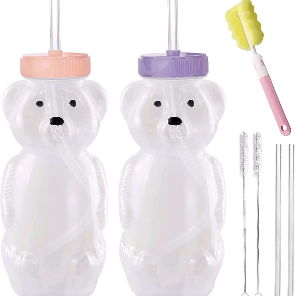 Kids & Therapists 2-Pack 8-oz Honey Bear Straw Cups, 4 Flexible Straws & Cleaning Tools Included, Food-Grade BPA-Free Reusable Kitchenware Drinkware Water Bottles
