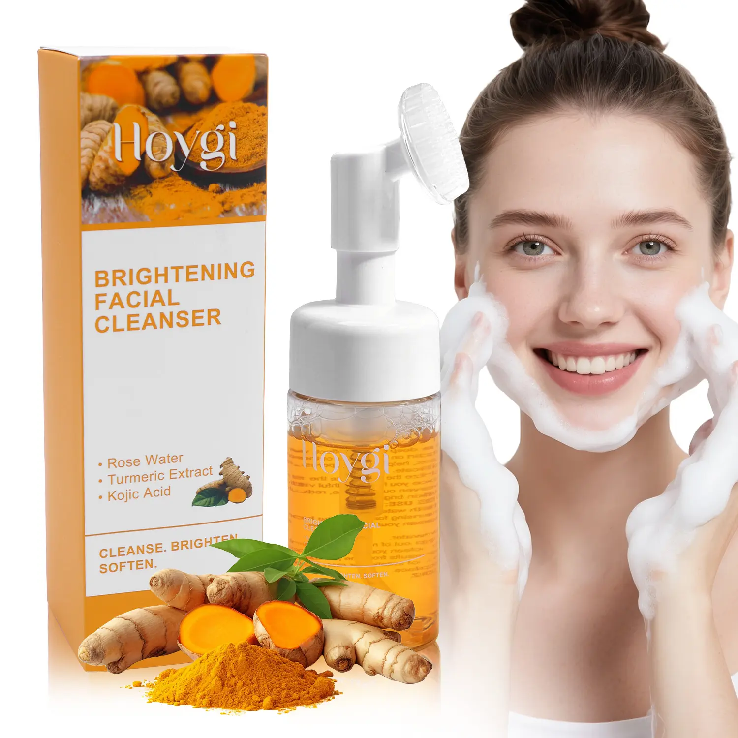 Turmeric Facial Cleanser Foam with Built-in Brush, Deep Clean Pores Oil Control Moisturizing Foaming Cleanser 100ml