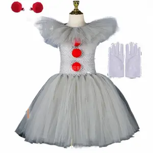 New3pcs Halloween Girls' Handmade Knit Dress Clown Horror Atmosphere Witch Dress Halloween Carnival Easter Outfit Skirt Tutu Dress  & Gloves & Hair Tie, as Birthday Gift for Girls