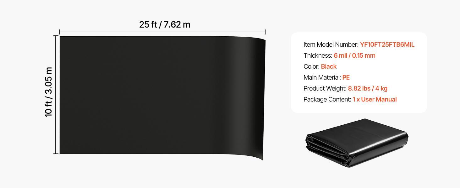 【SummerFinds】VEVOR 6 Mil Black Heavy-Duty Polyethylene Roll, 10' x 25' Thick Plastic Sheeting for Garden Weed Blocker, Painters' Drop Cloth, Crawl Space Vapor Barrier