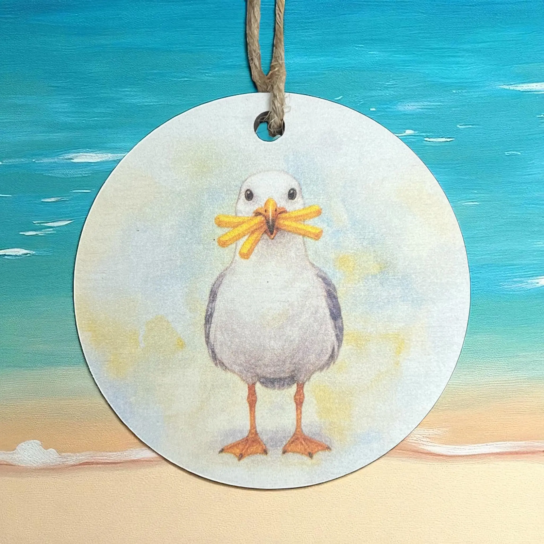 Seagull with French Fries Christmas Ornament – Beach Holiday Décor, Round Wood Ornament, Coastal Tree Decoration