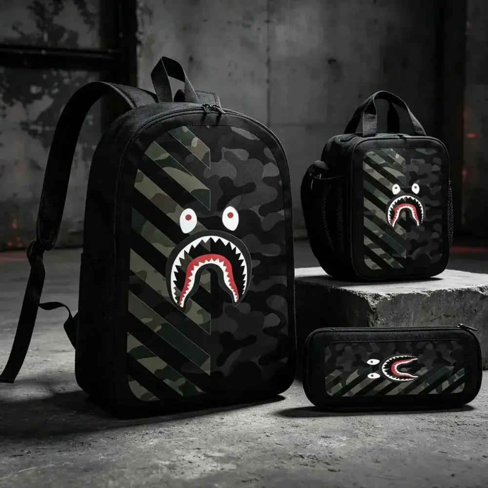 Men's 3-Piece Sprayground Graphic Mouth Pattern Backpack Set - Dollar Print School Bag, Streetwear Hip Hop Luggage Bag for Boys