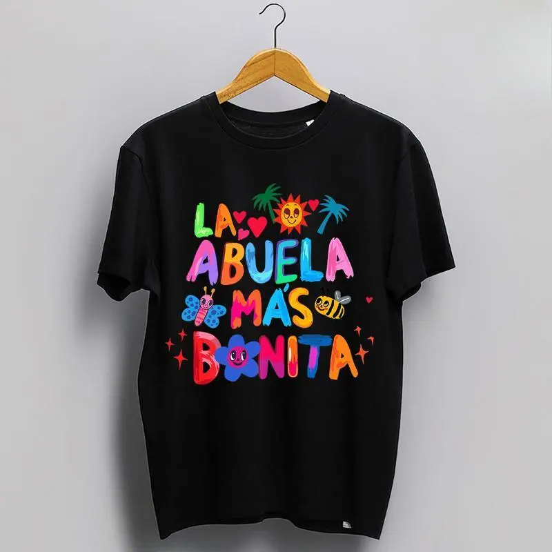 Women's T-Shirt, Casual "La Abuela Más Bonita" Graphic Tee with Sun and Palm Print, 100% Cotton Short-Sleeve Top, Ideal Gift for Grandma, Shortsleeve, Tshirt, Soft, Machine Washable, Spanish Quote, Sun Palm Print, All Seasons, Colorful Spanish Quote Print