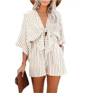 Women’s striped print knot-front romper, casual batwing-sleeve pocket jumpsuit, flattering silhouette clothing for summer daily wear and back to school, rompers/overalls for women, fitted light blue V-neck pink