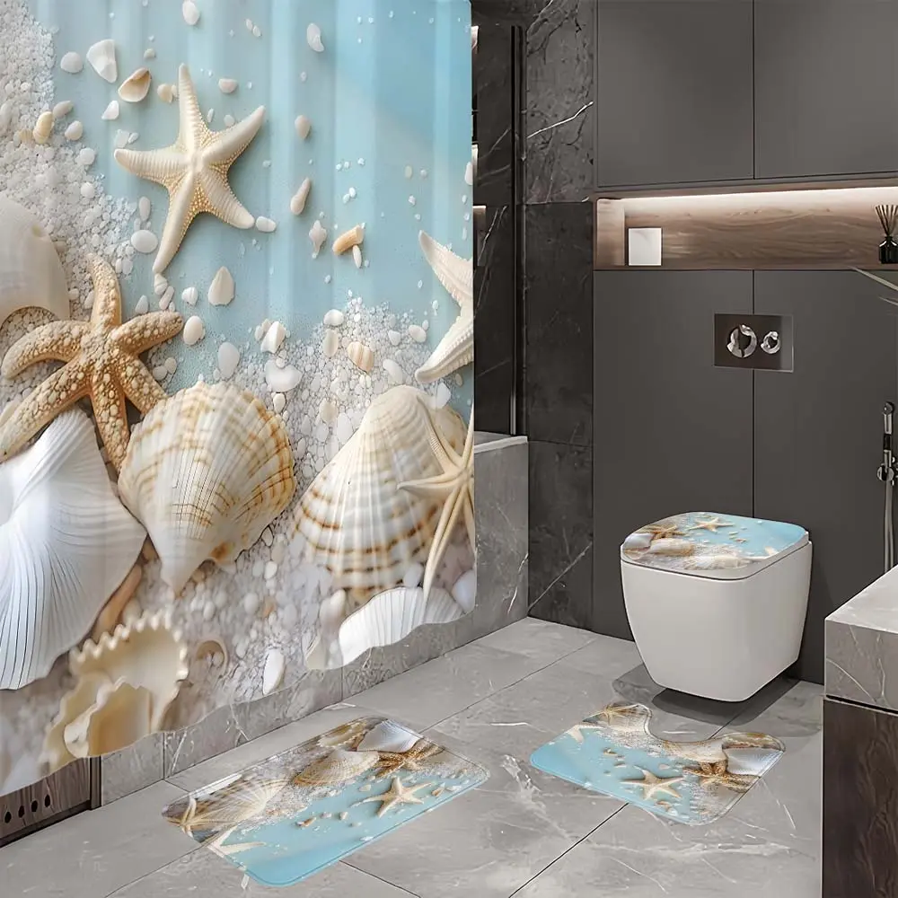 4-Piece Classic Textured Bathroom Decor Set - Summer Beach Shell Pattern, Comfortable Fabric Waterproof Polyester Shower Curtain with Hooks, Non-Slip Floor Mat, U-Shaped Toilet Mat, Adjustable Toilet Lid Cover, Marble-Inspired Accents, Dormitory-Friendly