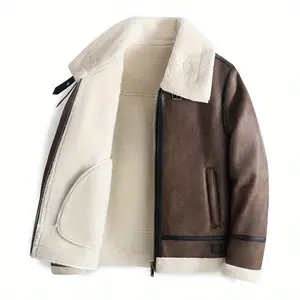TNZI Men's American Retro Lambskin PU Leather Coat - Longsleeves, Zipper Front, Large Lapel, Loose Warm Autumn Winter Motorcycle Workwear Jacket, Casual Versatile Menswear Top