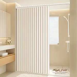 Fashion Beige Pleated Shower Curtain Suit, High Temperature Resistant Polyester Material, Simple and stylish foldable storage shower curtain, Comes with plastic hooks, home decor, foldable door curtains, multiple sizes to choose from