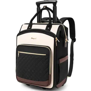 Rolling Backpack for Women, Travel Backpack with Wheels, Dual-Opening Wheeled Laptop Backpack, Stylish Rolling Laptop Bag, Overnight Underseat Carry  Luggage for College Business Work, Beige Brown