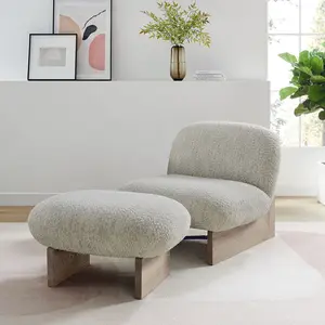 Loyal Boucle Fabric Accent Chair and Ottoman Set in Pearl Oak