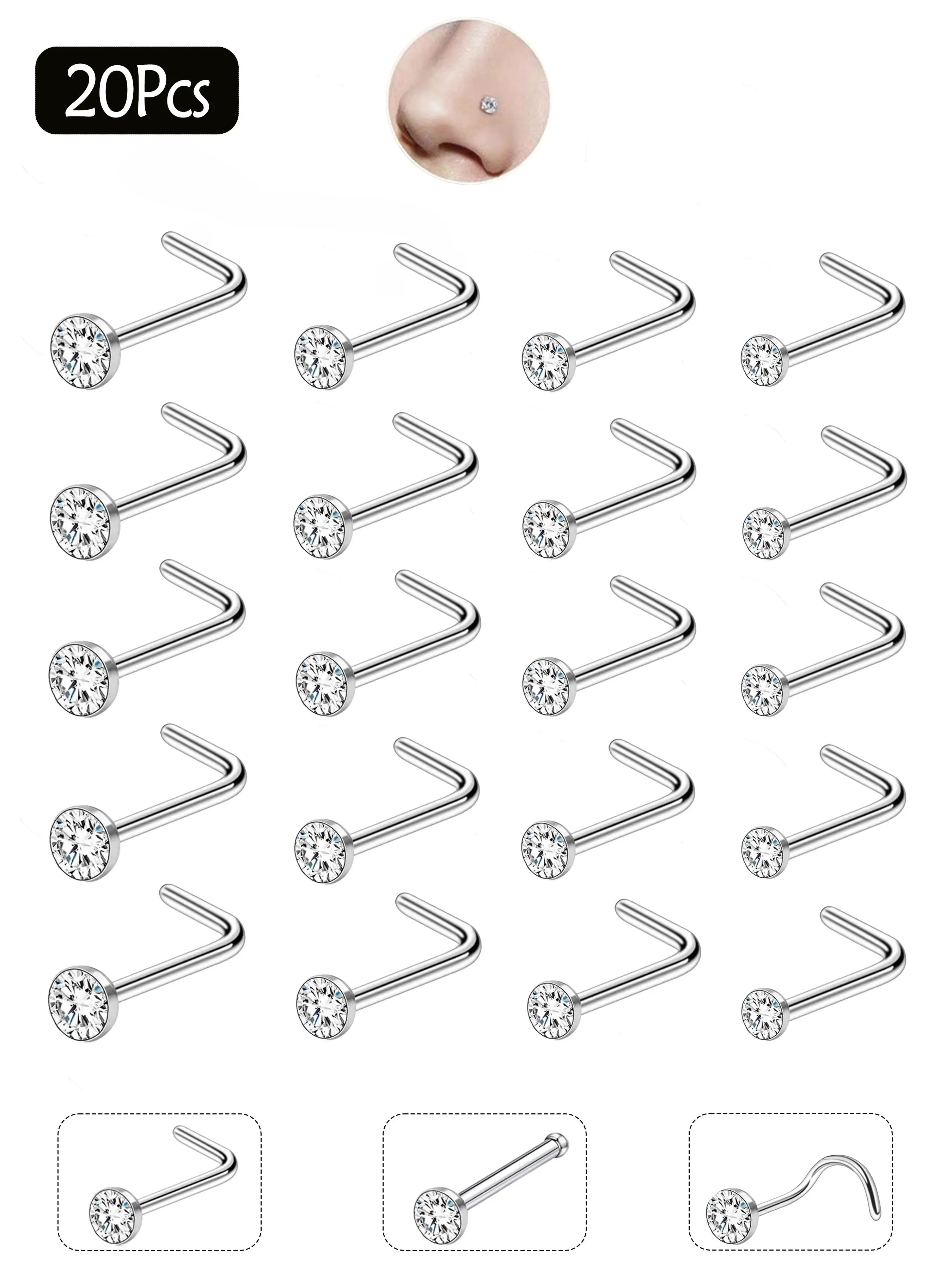 20Pcs 20G Nose Rings Studs for Women Men Hypoallergenic Surgical Steel Nose Stud L Shape Nose Ring Nose Screw Multiple Sizes 1.5/2/2.5/3mm Nose Piercing Jewelry, Body Piercings, Plain Pattern Nose Studs for Daily & Party Wear Body Jewelry Perfect Gift