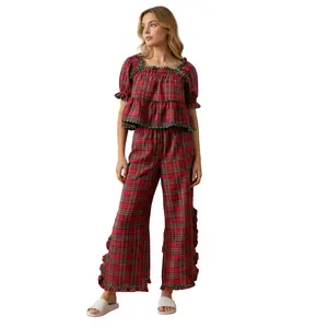 Plaid Christmas Pajamas Set for Women Short Puff Sleeve Square Neck Ruffle Hem Shirt High Waist Wide Leg Side Spit Pants 2 Piece Xmas Lounge Pjs Set