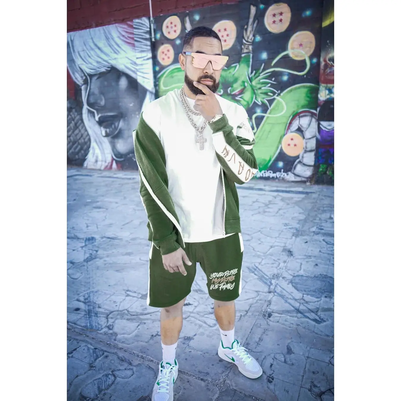 Olive Green and Yellow Jogger Short Set w/Piping Reflectors