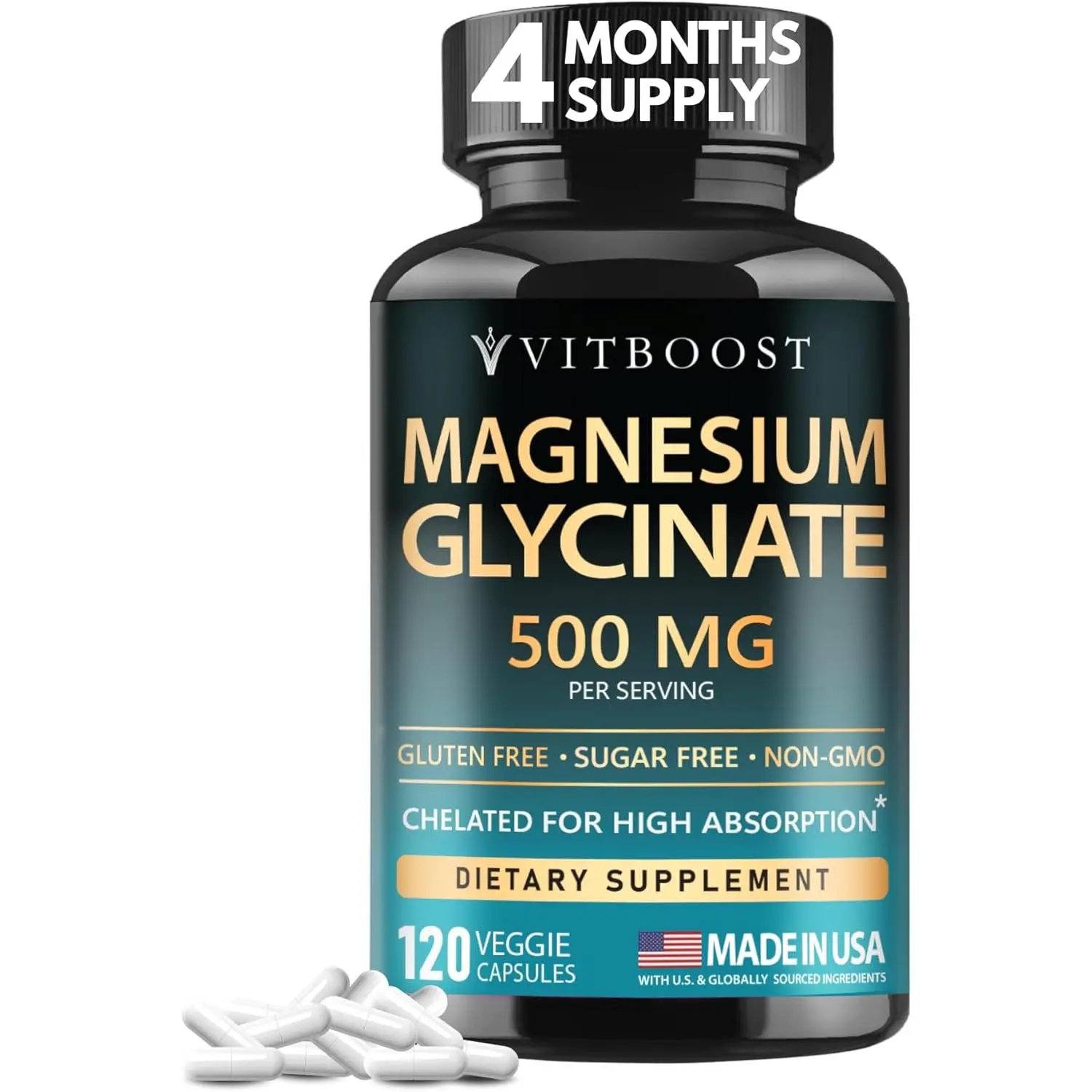 VITBOOST Magnesium Glycinate 500mg Chelated Capsules - High Absorption, Natural, GMO-Free, Vegan, BPA-Free, Unflavored Dietary Supplement for Adults - Supports Sleep, Muscle Recovery - 120 Capsules, Made in USA
