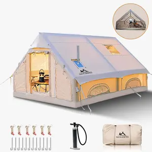 4 - Season Inflatable 8 - 10 Person Tent 129 Sq Ft with Stove Jack Mesh Windows and Pump for Camping Instant Portable Canopy