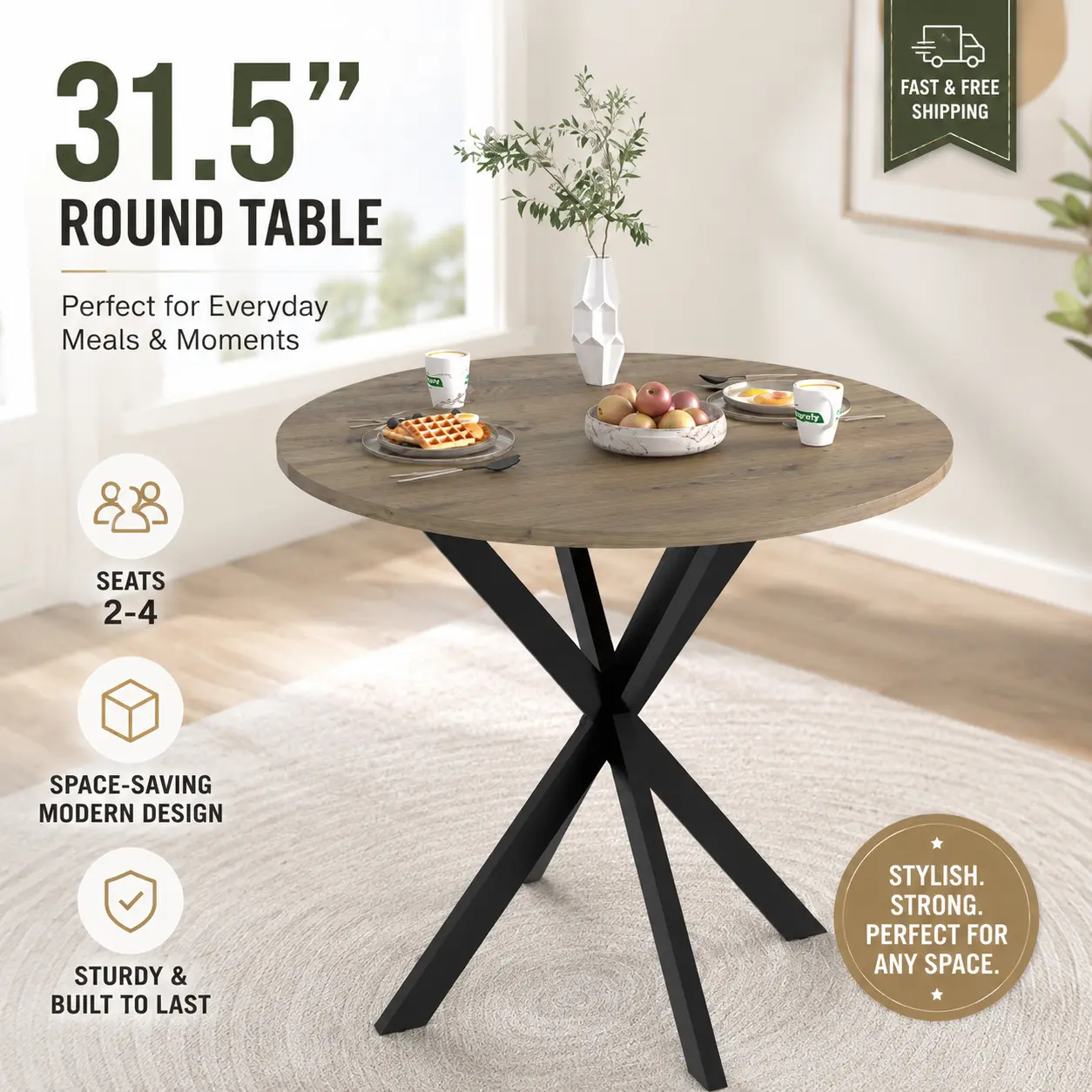 Super Round Dining Table 31.5 Inch Kitchen Table Small Circle Modern Dining Room Table with Black Metal Legs for 2 to 4 People Brown Space Saving Breakfast Nook Leisure Coffee Table for Home Apartment Bistro Decor