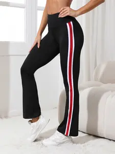 1 piece of women's bell bottom pants, color blocked high waisted wide leg yoga pants, fitness and casual compression pants, Athleisure Style Bottoms