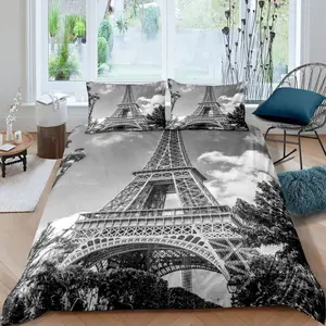 Paris Queen Size Duvet Cover,Vintage Eiffel Tower Bedroom Decor Quilt Cover,French Style Microfiber Breathable Bedspread Cover,No Comforter