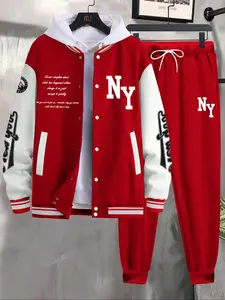 Men's Tracksuit 2 Piece Outfits Color Block Letter Graphic Long Sleeve Varsity Jacket and Pants Set,  Comfortable And Warm Bomber Jackets, Mens Clothes for Fall Outfits & Winter Outfits, Sweatsuit With Pockets, Casual Sportswear, Streetwear Tracksuit Set