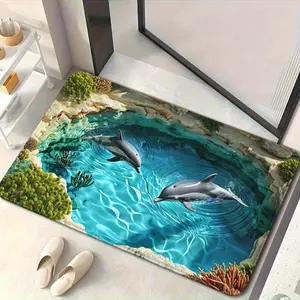 1pc Marine-Themed Outdoor/Indoor Suitable for Bathroom, Living Room, Bedroom Entryway - Realistic Underwater Ocean Design with Dolphins, Coral Reefs & Seaweed, Machine-Washable Soft Wet Mat, Installation