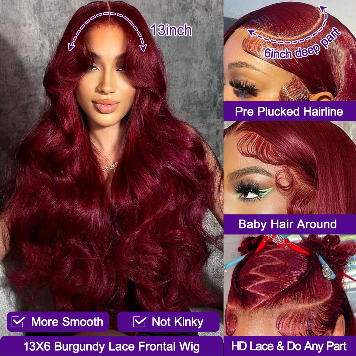 Burgundy Wig Human Hair Bone Straight 13x6 13x4 HD Transparent Lace Wig 99J Red Human Hair Wig Colored Reddish Brown Lace Frontal Wigs 180% Density Pre Plucked