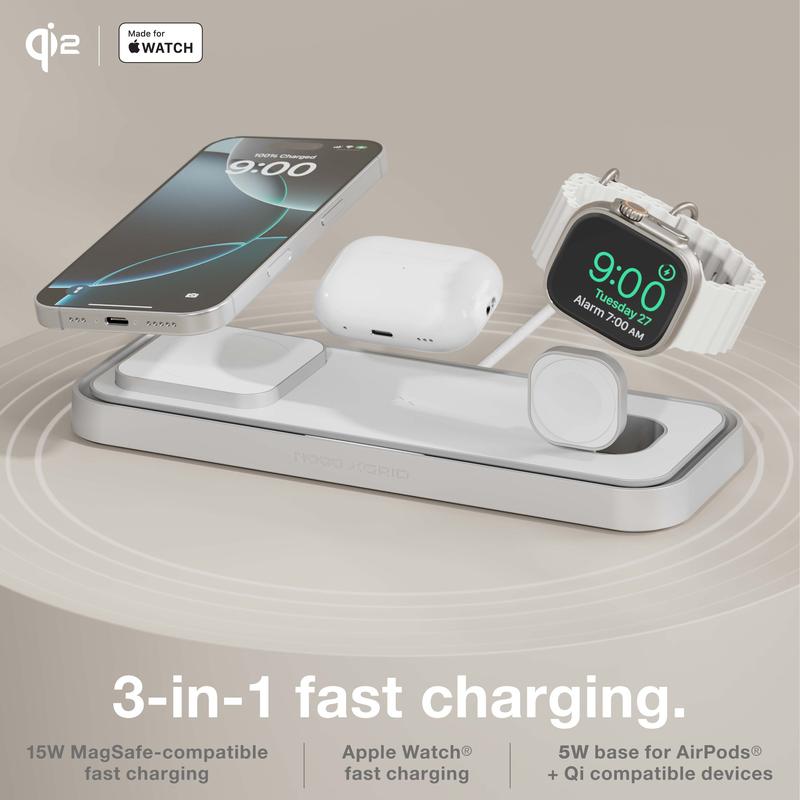 NOCO XGrid XDP3: 3-in-1 Wireless Charging Pad – For iPhone, Apple Watch, and AirPods – MagSafe Compatible, Qi2 Certified