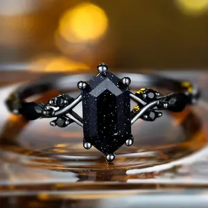 Women's Gothic Black Obsidian Ring - Vintage Dark-Style Rectangle Gemstone Band, Minimalist Punk Daily Wear Fashion Jewelry Gift for Goth, Vintage, Alternative Artistic, Blue Stone Rings, Vintage Rings