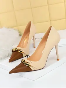Luxury Elegant Colorblock Stiletto High Heels, Metal Chain Decor, Pointed Toe, Textile Upper, Spring & Fall Casual Shoes, Office Commute