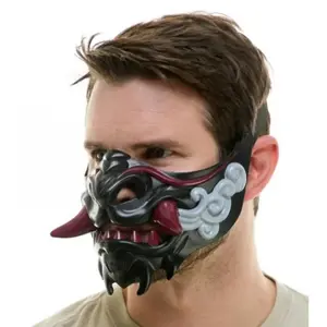 Japanese Samurai Oni Mask - Evil Demon Half Face Mask for Halloween Costume & Masquerade Party, Traditional Kabuki Devil Mask for Men, Cosplay Prop Accessory for Festivals, Unique Gift for Anime & Manga Fans Events