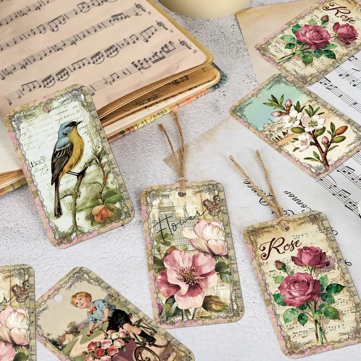 50 Plant Flower Bird Spring Theme Tags with Jute Rope, Handmade Card Making, Scrapbook Materials, Gift Packaging Decorative Labels, Easter Garden Party Wedding Supplies
