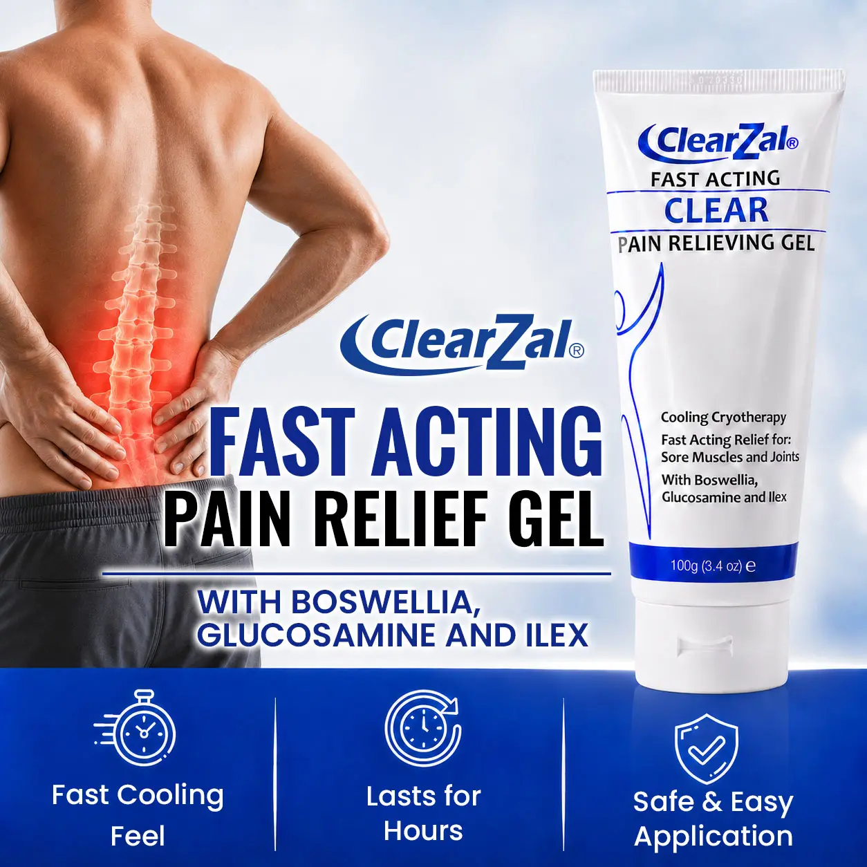 Clearzal Soothing Cooling Gel 100g, Relieving Body Gel, Cooling with Menthol and Frankincense, Helps Relieve Muscle Tension , Relax your waist, legs, knees, shoulders and neck to relieve fatigue, Sports Soothing Cooling Gel Body Care Lotions