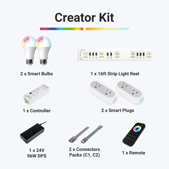 Leona RGB + Tunable White Smart Home Creator Kit - 2 Bulbs, 2 Plugs, 16FT Reel, Controller, 24V Adaptor, Remote - Google & Alexa Compatible