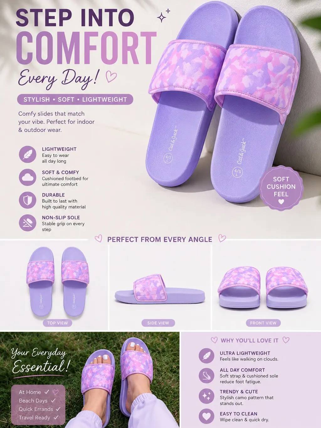 Women’s Lightweight Soft Cushion Slide Slippers – Purple Camo