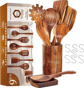 9 Pcs Wooden Spoons for Cooking Utensils, Natural Teak Wooden Cooking Spoons with Nonstick Spatula Set, Bamboo Kitchen Utensils With Holder, Wood Spoon Set for Kitchen Essentials