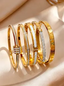 5 Piece Elegant Luxurious Zircon Stainless Steel Bangle Set, Roman Numerals Design, Women's Party Jewelry, Holiday Gift, Bangles Bracelets