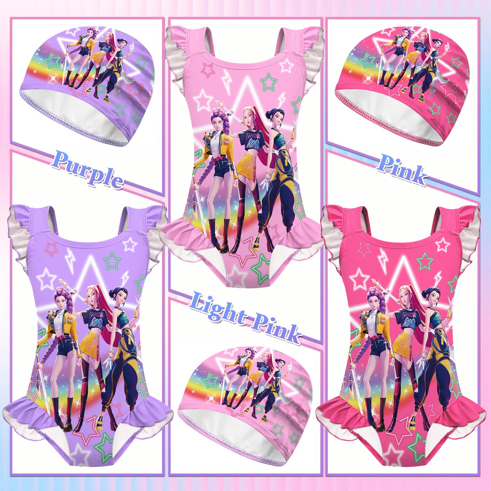 KPop Inspired Girls Swimsuit Set, Includes Separate Swim Cap, Cute K-pop Anime Bathing Suit for Kids, Soft Stretch Summer Swimwear KPop Inspired Girls Swimsuit Set, Includes Separate Swim Cap, Cute K-pop Anime Bathing Suit for Kids, Soft Stretch Summer Swimwear