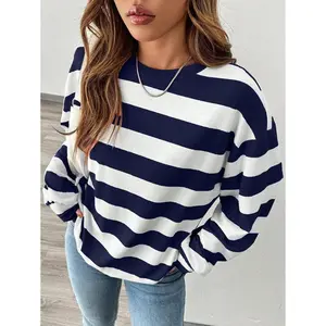 Women's Classic Contrast Color Striped Crew Neck Sweatshirt Top, New Arrival For Autumn Pullover Fall Outfit