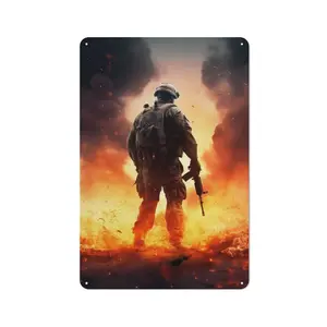 Vintage Soldier Back View Fire Explosion Metal Poster | Military War Wall Decor | Perfect for Man Caves & Military Enthusiasts